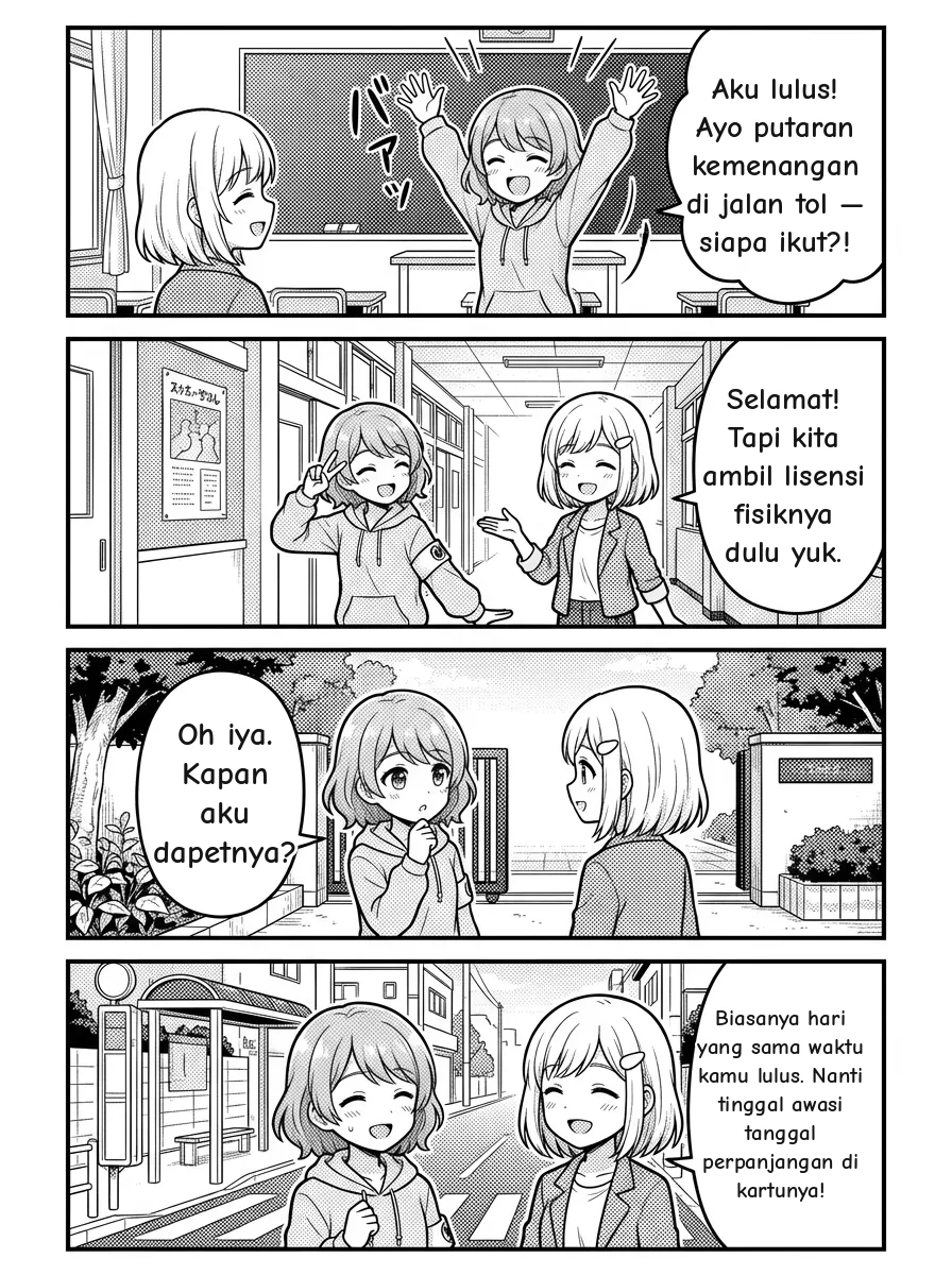 4-panel comic — Hikari: AKU LULUS!! Oke, victory lap di jalan tol — siapa ikut?! 🏎️ Yui: Haha, selamat! Tapi tunggu — kita pegang SIM-nya dulu di tangan. Hikari: Oh iya, kartunya. Kapan aku dapat? Yui: Biasanya di hari yang sama saat kamu lulus ujian praktik — SIM Jepangmu diterbitkan langsung di pusat SIM. Hikari: Lalu aku bebas selamanya? Yui: Sampai perpanjangan! SIM Jepang punya masa berlaku dan diperpanjang dengan siklus tertentu — cukup perhatikan tanggal di kartunya ✨