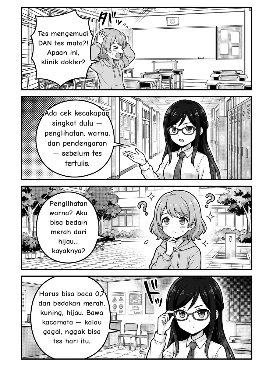 4-panel comic — Hikari: Ujian nyetir DAN tes mata?! Ini apa, klinik dokter? Misaki: Ada pemeriksaan kelayakan singkat dulu — penglihatan, warna, dan pendengaran — sebelum ujian tertulis. Hikari: Penglihatan warna? Aku bisa bedakan merah dan hijau… mungkin? Misaki: Kamu harus mencapai ketajaman penglihatan 0,7 dan bisa membedakan merah, kuning, dan hijau. Bawa kacamatamu — kalau gagal, kamu nggak bisa ikut ujian hari itu.