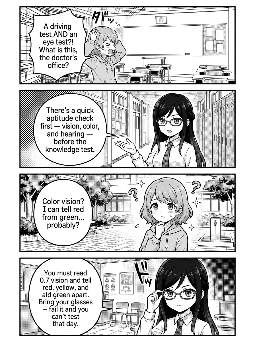 4-panel comic — Hikari: A driving test AND an eye test?! What is this, the doctor's office? Misaki: There's a quick aptitude check first — vision, color, and hearing — before the knowledge test. Hikari: Color vision? I can tell red from green… probably? Misaki: You must read 0.7 vision and tell red, yellow, and green apart. Bring your glasses — fail it and you can't test that day.