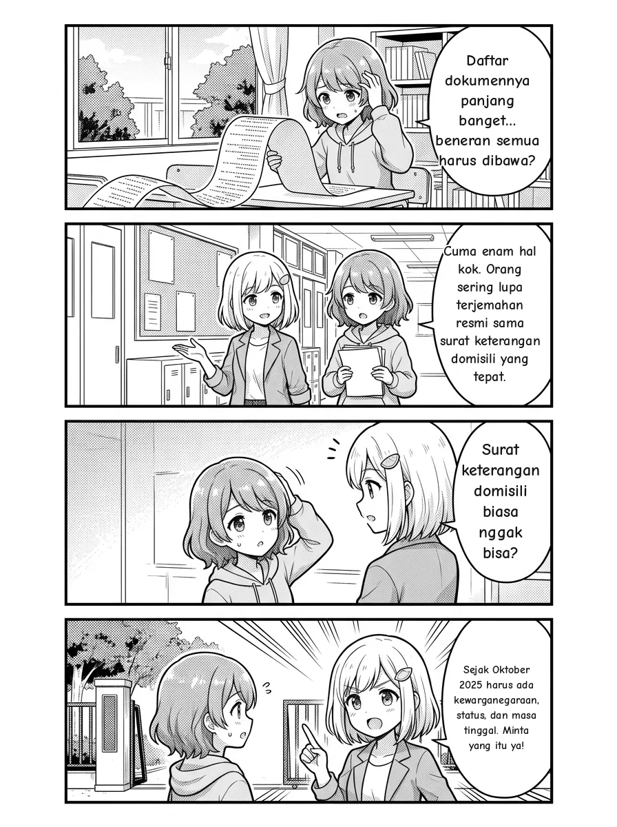 4-panel comic — Hikari: Aku mau konversi SIM-ku, tapi daftar dokumennya kelihatan nggak ada habisnya… apa semuanya benar-benar perlu? Yui: Kelihatannya menakutkan, tapi intinya cuma enam hal. Dua yang paling sering terlupa: terjemahan resmi SIM-mu ke bahasa Jepang, dan jūminhyō jenis yang tepat. Hikari: Eh, jūminhyō biasa nggak boleh? Yui: Betul — sejak Oktober 2025 harus mencantumkan kewarganegaraan, status tinggal, dan masa tinggalmu. Cukup minta versi itu di kantor kota. Hikari: Oke, dengan checklist jadi nggak terlalu menakutkan. Yui: Tepat! Daftar lengkapnya ada di bawah — siapkan tiap item dan kamu siap untuk pemeriksaan dokumen ✨