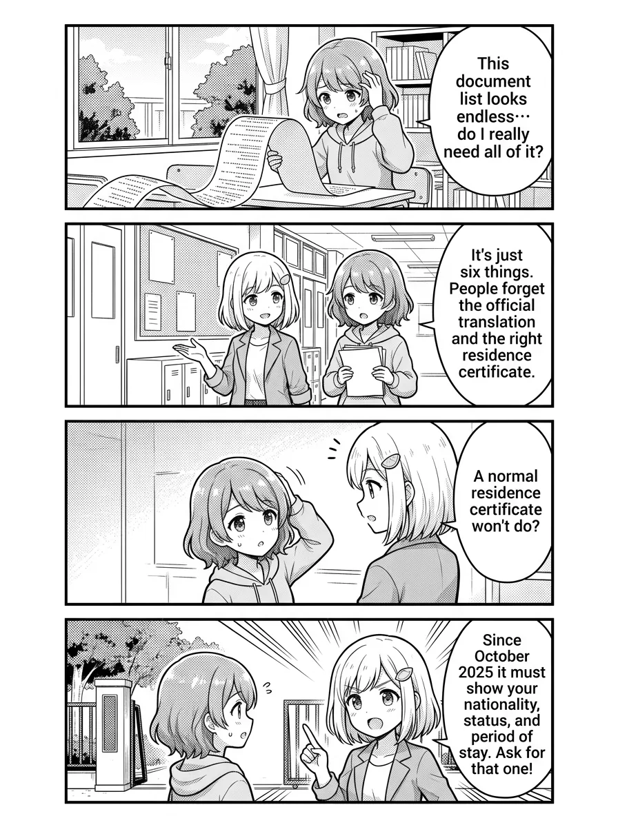 4-panel comic — Hikari: I want to convert my license, but the document list looks endless… do I really need all of it? Yui: It looks scary, but it's basically just six things. The two people forget most: an official Japanese translation of your license, and the right kind of jūminhyō. Hikari: Wait, a normal jūminhyō won't do? Yui: Right — since October 2025 it has to show your nationality, residence status, and period of stay. Just ask for that version at the city office. Hikari: Okay, a checklist makes it way less scary. Yui: Exactly! Here's the full checklist below — grab each item and you're ready for the document screening ✨