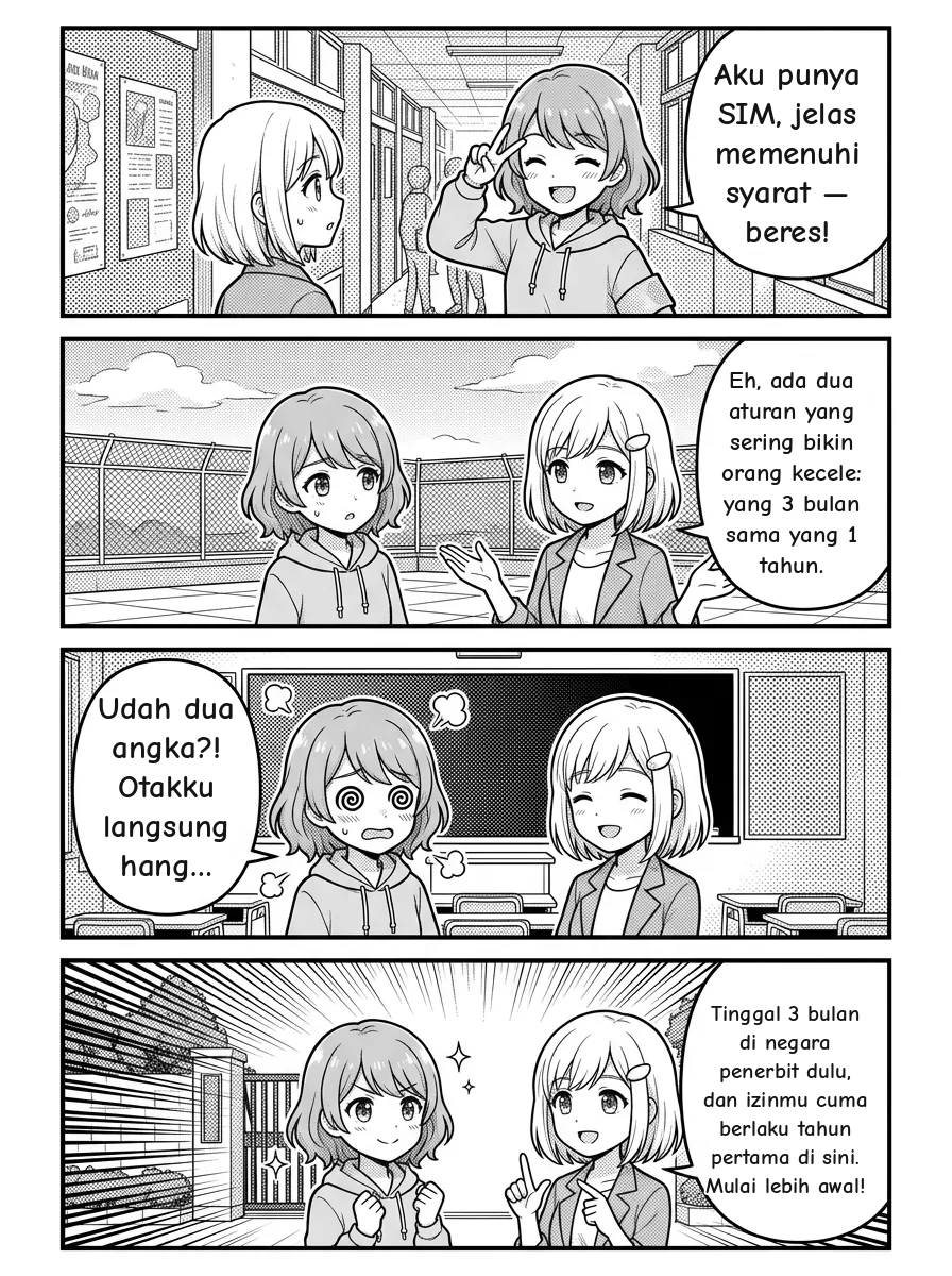 4-panel comic — Hikari: Memenuhi syarat? Aku punya SIM, jadi jelas aku memenuhi syarat! Selesai! Yui: Haha, tunggu dulu — dua aturan angka yang sering bikin orang tersandung: aturan "3 bulan" dan aturan "1 tahun". Hikari: Dua angka sekaligus? Otakku langsung loading… 🌀 Yui: Tenang, pasti bisa! 3 bulan = kamu tinggal di negara yang menerbitkan SIM-mu selama 3 bulan atau lebih setelah mendapatkannya, sebelum pindah ke Jepang. Hikari: Lalu yang 1 tahun? Yui: Izin Mengemudi Internasionalmu hanya berlaku untuk 1 tahun pertamamu sebagai penduduk. Setelah itu, konversi jadi keharusan — jadi jangan ditunda-tunda!