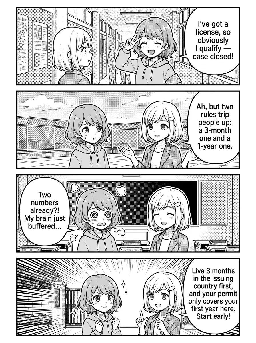 4-panel comic — Hikari: Eligible? I've got a license, so obviously I qualify! Case closed! Yui: Haha, hold on — two number rules trip everyone up: a "3-month" rule and a "1-year" rule. Hikari: Two numbers already? My brain just buffered… 🌀 Yui: You'll be fine! 3 months = you lived in the country that issued your license for 3+ months after getting it, before moving to Japan. Hikari: And the 1 year? Yui: Your international permit only covers your first 1 year as a resident. After that, converting isn't optional — so don't snooze on it!