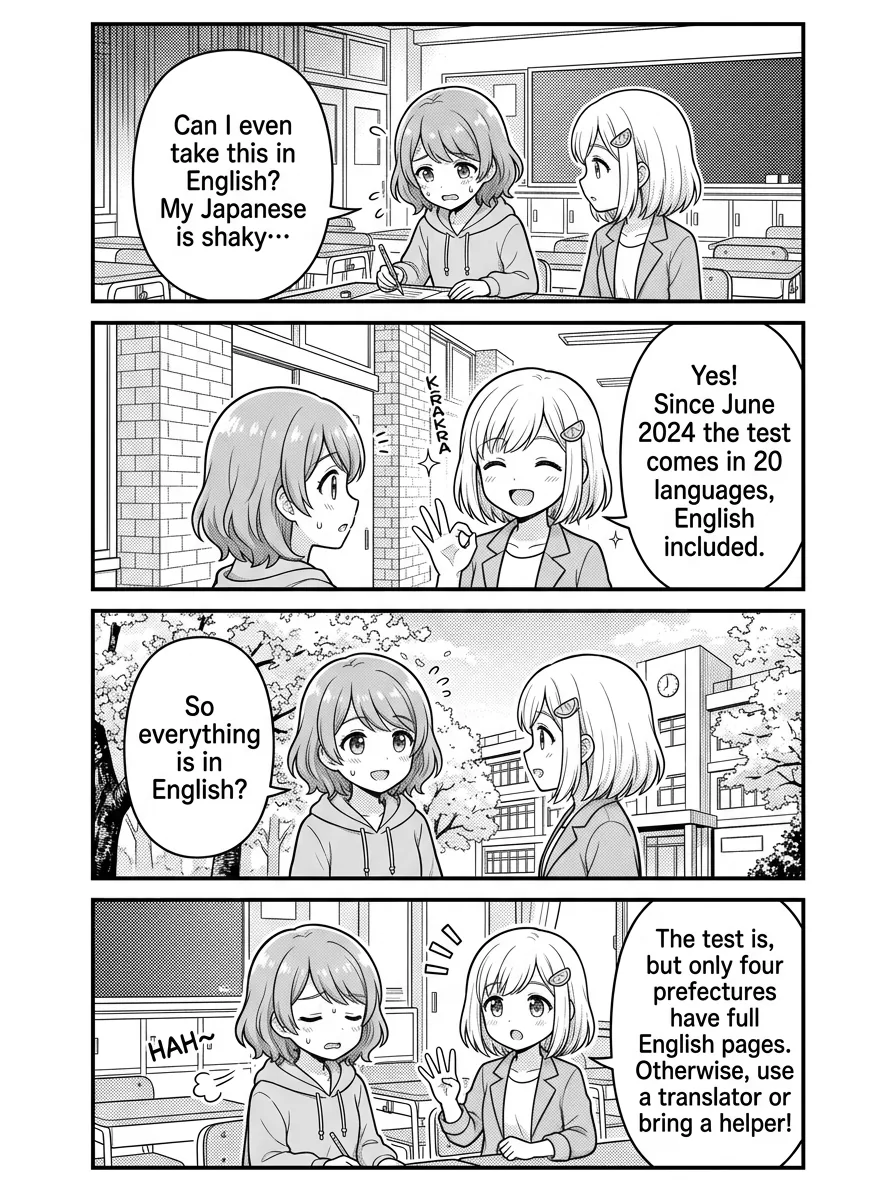 4-panel comic — Hikari: Can I even take this test in English? My Japanese isn't great… Yui: Yes! The knowledge test itself is offered in 20 languages nationwide, including English — that's been standard since June 2024. Hikari: Oh good. So everything's in English then? Yui: The test, yes — but the prefecture websites are a different story. Only 4 prefectures (Tokyo, Kanagawa, Gunma, Nagasaki) have full English pages; most don't. Hikari: So how do people in other prefectures manage? Yui: Bring a Japanese-speaking friend or an interpreter, or use Google Translate / DeepL on the Japanese page. The test in the booth is still in your language ✨