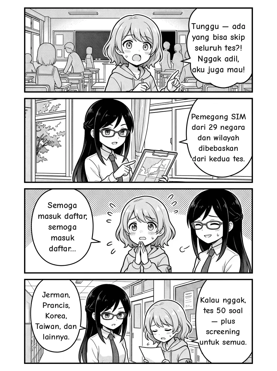 4-panel comic — Hikari: Tunggu — aku dengar ada yang nggak perlu ikut ujian sama sekali?! Nggak adil, aku mau juga! Misaki: Pemegang SIM dari 29 negara dan wilayah dibebaskan dari ujian tertulis maupun ujian praktik. Hikari: Semoga ada di daftar, semoga ada di daftar… 🙏 Misaki: Jerman, Prancis, Inggris, Korea Selatan, Taiwan, Australia, Kanada, dan lainnya. Cek daftar lengkapnya di bawah. Hikari: Kalau negaraku nggak ada di situ? Misaki: Berarti ujian 50 soal — yang justru kita latih di sini. Dan bahkan pemegang SIM yang dibebaskan tetap melalui pemeriksaan dokumen, jadi tak ada yang benar-benar lolos sepenuhnya.