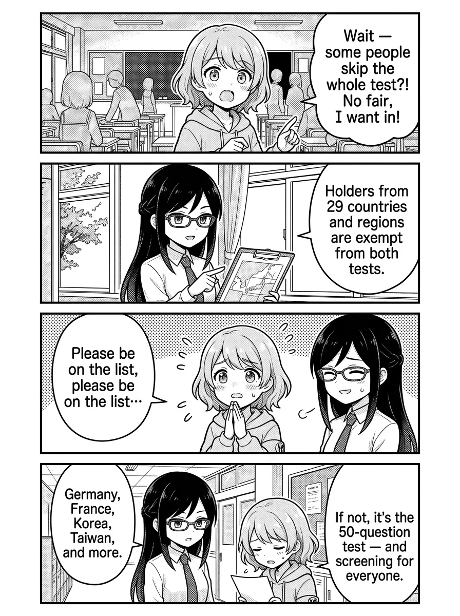 4-panel comic — Hikari: Wait — I heard some people skip the whole test?! No fair, I want in! Misaki: Holders from 29 countries and regions are exempt from both the knowledge and the practical test. Hikari: Please be on the list, please be on the list… 🙏 Misaki: Germany, France, the UK, South Korea, Taiwan, Australia, Canada, and more. Check below for the full list. Hikari: And if my country isn't there? Misaki: Then it's the 50-question test — which is exactly what we practice here. And even exempt holders still go through document screening, so no one fully escapes.