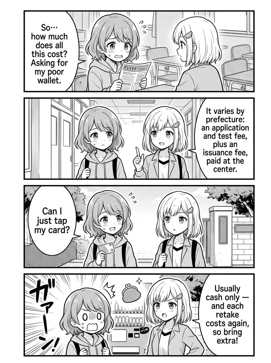 4-panel comic — Hikari: So… how much does all this cost? Asking for my poor wallet. Yui: It varies by prefecture: an application and test fee, plus an issuance fee, paid at the center. Hikari: Can I just tap my card? Yui: Usually cash only — and each retake costs again, so bring extra!