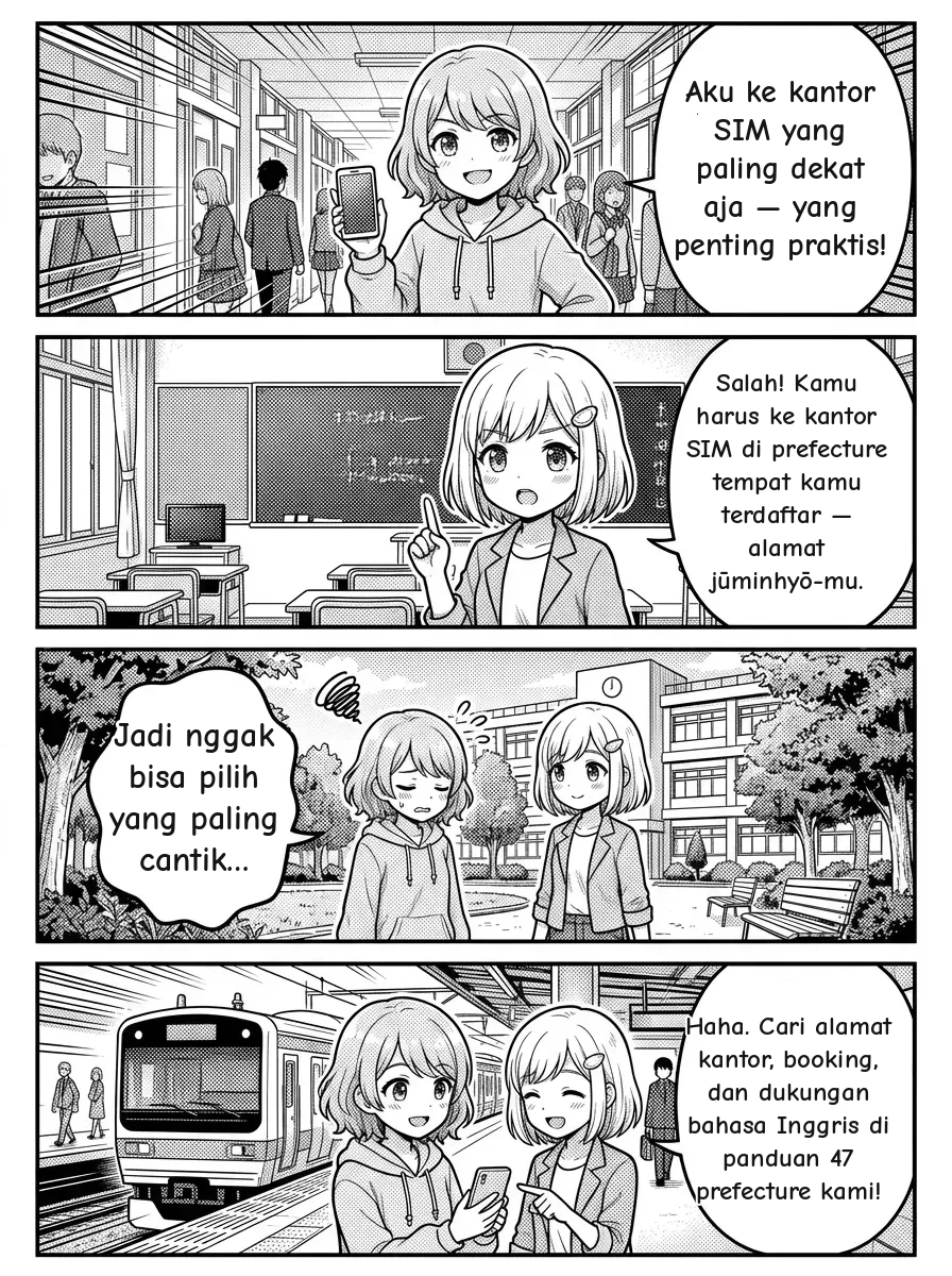 4-panel comic — Hikari: Aku ke pusat SIM mana pun yang paling dekat aja — yang penting praktis! Yui: Nggak bisa! Kamu harus ke pusat SIM prefektur tempat kamu terdaftar — alamat di jūminhyō-mu. Hikari: Jadi aku nggak bisa pilih yang paling bagus… 😔 Yui: Haha. Temukan pusat SIM prefekturmu — alamat, cara pemesanan, dan dukungan bahasa Inggris — di panduan 47 prefektur kami!