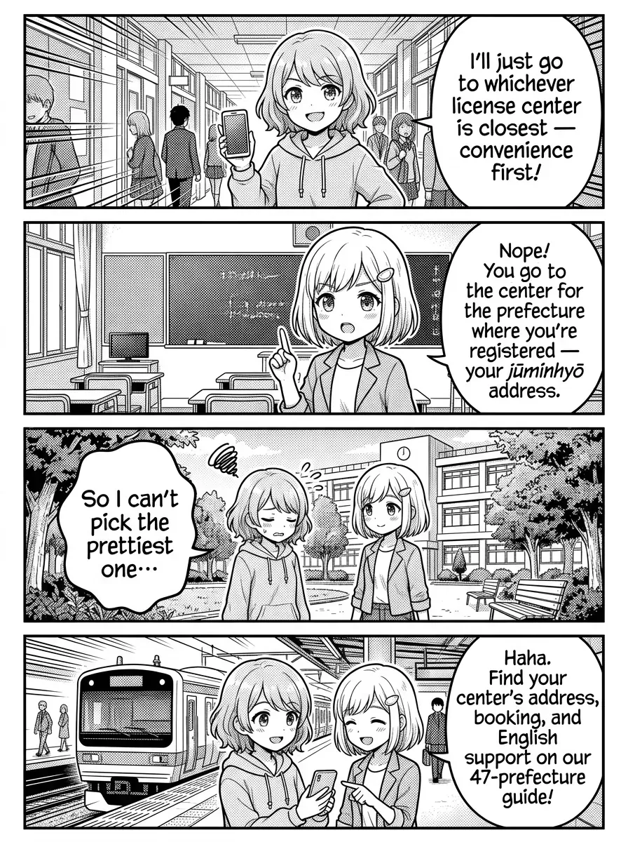 4-panel comic — Hikari: I'll just go to whichever license center is closest — convenience first! Yui: Nope! You go to the center for the prefecture where you're registered — your jūminhyō address. Hikari: So I can't pick the prettiest one… 😔 Yui: Haha. Find your prefecture's center — address, booking method, and English support — on our 47-prefecture guide!