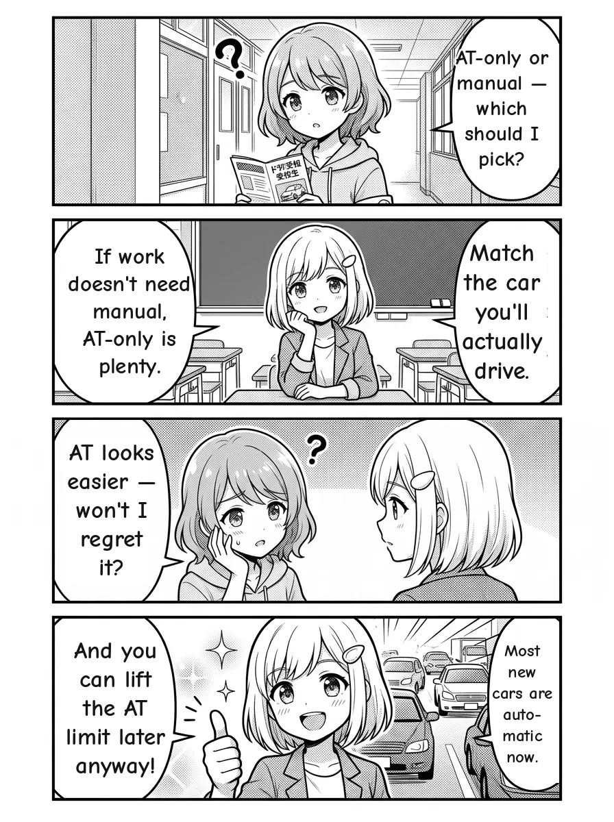 4-panel manga — Hikari: AT-only or manual — which should I pick? Yui: Match the car you'll actually drive. If work doesn't need manual, AT-only is plenty. Hikari: AT looks easier — won't I regret it? Yui: Most new cars are automatic now. And you can lift the AT limit later anyway!