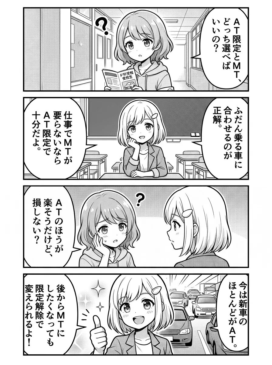 4コマ漫画 — ひかり「AT限定とMT、どっち選べばいいの?」 結衣「ふだん乗る車に合わせるのが正解。仕事でMTが要らないならAT限定で十分だよ。」 ひかり「ATのほうが楽そうだけど、損しない?」 結衣「今は新車のほとんどがAT。後からMTにしたくなっても限定解除で変えられるよ!」