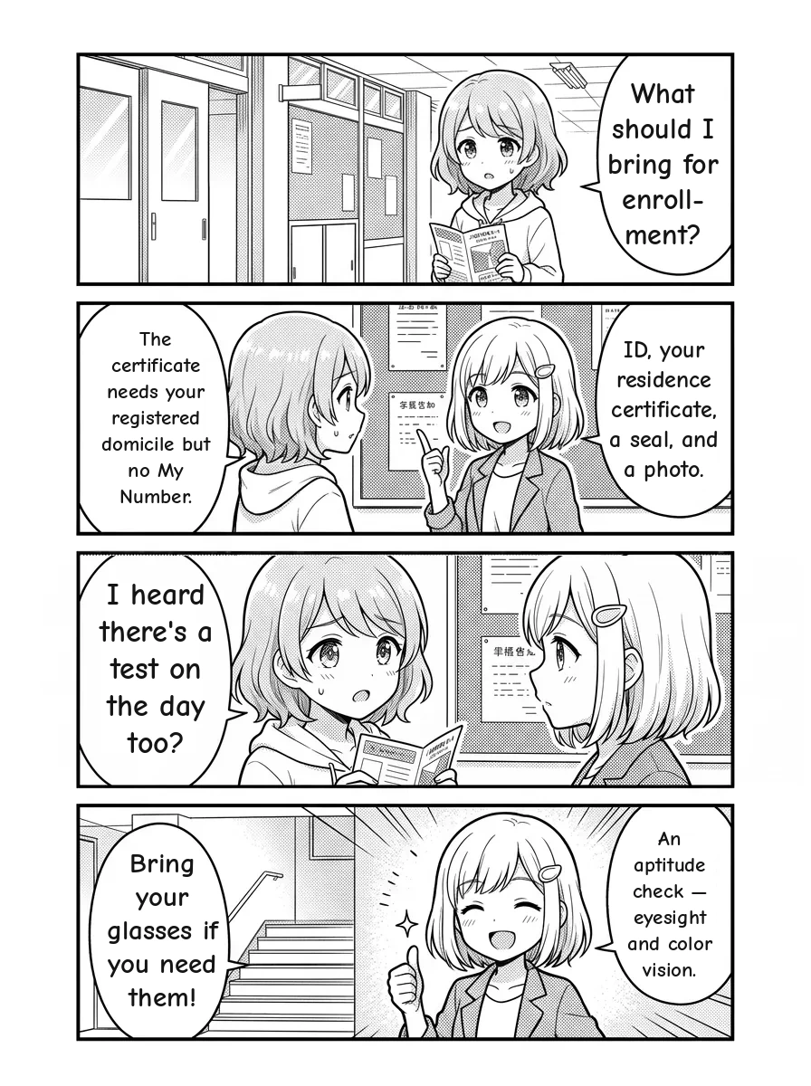 4-panel manga — Hikari: What should I bring for enrollment? Yui: ID, your residence certificate, a seal, and a photo. The certificate needs your registered domicile but no My Number. Hikari: I heard there's a test on the day too? Yui: An aptitude check — eyesight and color vision. Bring your glasses if you need them!