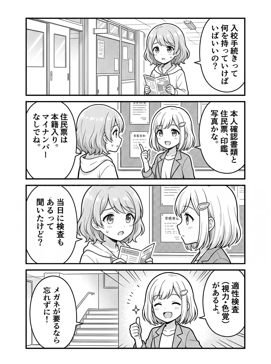 4コマ漫画 — ひかり「入校手続きって何を持っていけばいいの?」 結衣「本人確認書類と住民票、印鑑、写真かな。住民票は本籍入り・マイナンバーなしでね。」 ひかり「当日に検査もあるって聞いたけど?」 結衣「適性検査(視力・色覚)があるよ。メガネが要るなら忘れずに!」