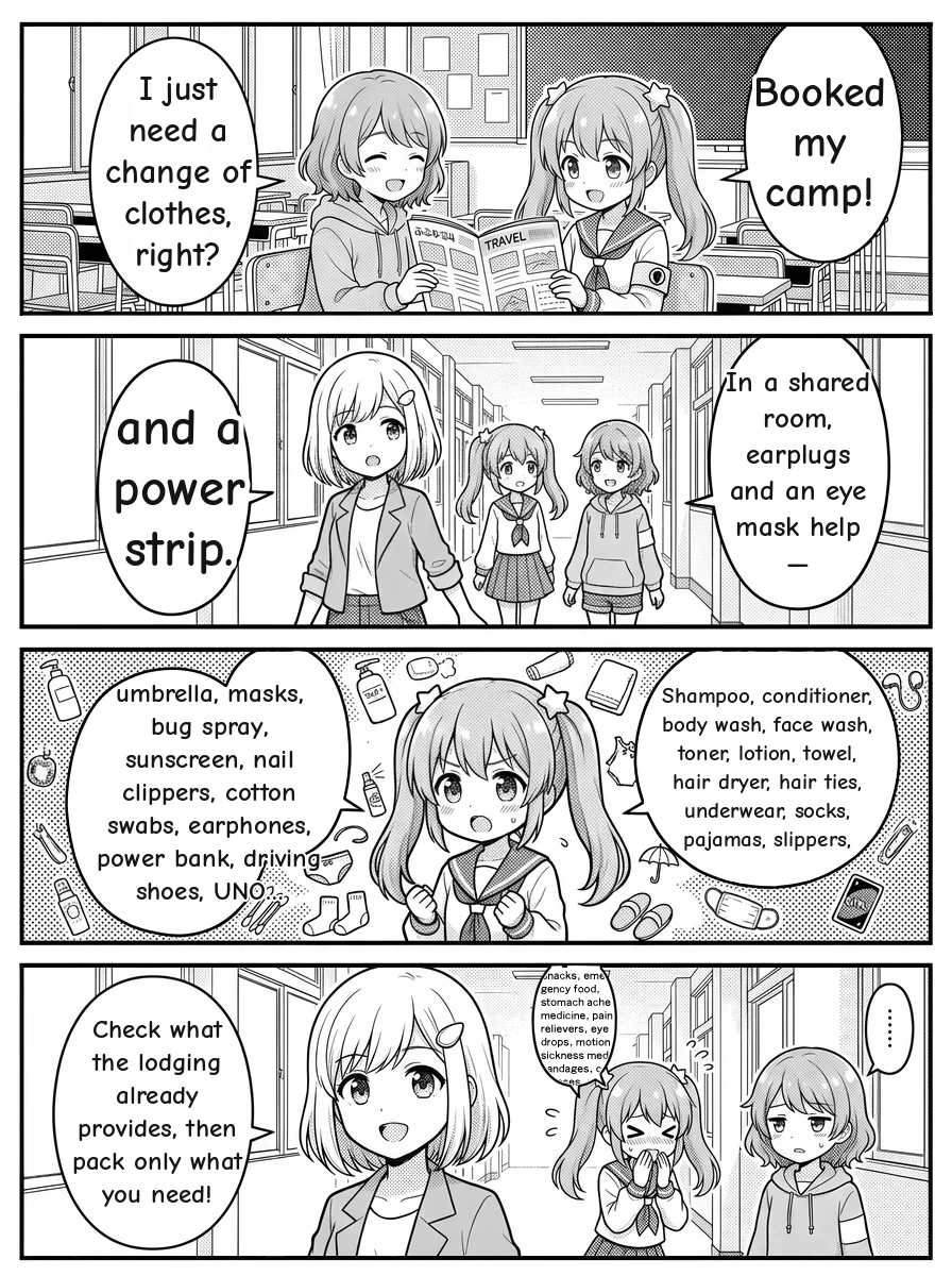 4-panel manga — Hikari: Booked my camp! I just need a change of clothes, right? Yui: In a shared room, earplugs and an eye mask help — and a power strip. Momoka: Shampoo, conditioner, body wash, face wash, toner, lotion, towel, hair dryer, hair ties, underwear, socks, pajamas, slippers, umbrella, masks, bug spray, sunscreen, nail clippers, cotton swabs, earphones, power bank, driving shoes, UNO… Yui: Check what the lodging already provides, then pack only what you need!