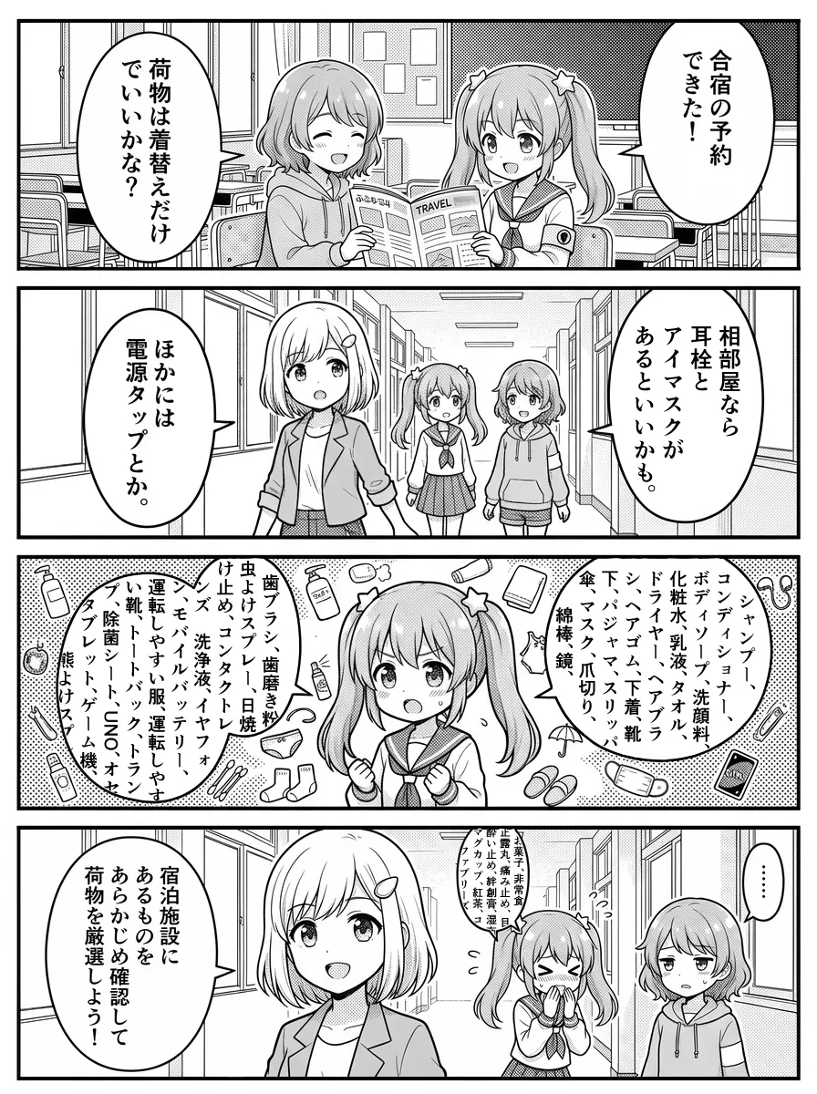 4コマ漫画 — ひかり「合宿の予約できた!荷物は着替えだけでいいかな?」 結衣「相部屋なら耳栓とアイマスクがあるといいかも。ほかには電源タップとか。」 桃花「シャンプー、コンディショナー、ボディソープ、洗顔料、化粧水、乳液、タオル、ドライヤー、ヘアブラシ、ヘアゴム、下着、靴下、パジャマ、スリッパ、傘、マスク、爪切り、綿棒、鏡、歯ブラシ、歯磨き粉、虫よけスプレー、日焼け止め、コンタクトレンズ洗浄液、イヤフォン、モバイルバッテリー、運転しやすい服、運転しやすい靴、トートバック、トランプ、除菌シート、UNO、オセロ、タブレット、ゲーム機、熊よけスプレー…お菓子、非常食、正露丸、痛み止め、目薬、酔い止め、絆創膏、湿布、マグカップ、紅茶、コーヒー、ファブリーズ…」 結衣「宿泊施設にあるものをあらかじめ確認して、荷物を厳選しよう!」