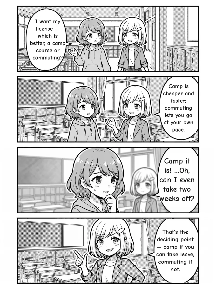 4-panel manga — Hikari: I want my license — which is better, a camp course or commuting? Yui: Camp is cheaper and faster; commuting lets you go at your own pace. Hikari: Camp it is! …Oh, can I even take two weeks off? Yui: That's the deciding point — camp if you can take leave, commuting if not.