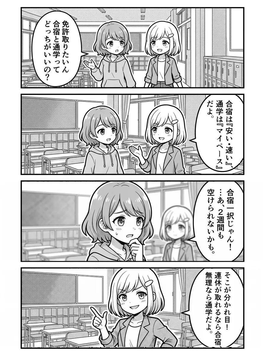 4コマ漫画 — ひかり「免許取りたいんだけど、合宿と通学ってどっちがいいの?」 結衣「合宿は『安い・速い』、通学は『マイペース』だよ。」 ひかり「合宿一択じゃん!…あ、2週間も空けられないかも。」 結衣「そこが分かれ目!連休が取れるなら合宿、無理なら通学だよ。」