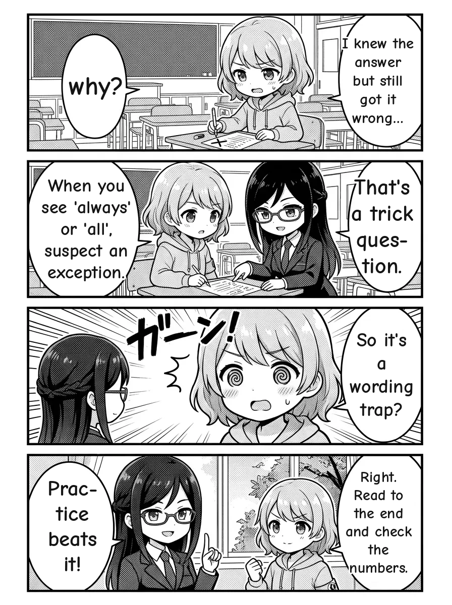 4-panel manga — Hikari: I knew the answer but still got it wrong… why? Misaki: That's a trick question. When you see 'always' or 'all', suspect an exception. Hikari: So it's a wording trap? Misaki: Right. Read to the end and check the numbers. Practice beats it!