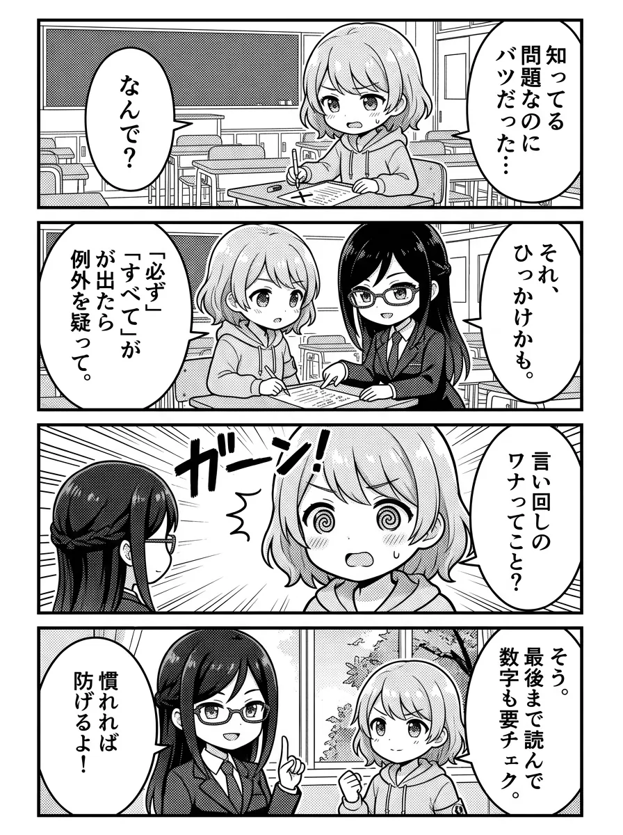 4コマ漫画 — ひかり「知ってる問題なのにバツだった…なんで?」 美咲「それ、ひっかけかも。「必ず」「すべて」が出たら例外を疑って。」 ひかり「言い回しのワナってこと?」 美咲「そう。最後まで読んで数字も要チェック。慣れれば防げるよ!」
