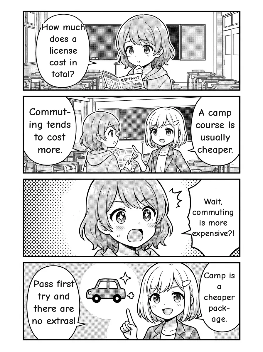 4-panel manga — Hikari: How much does a license cost in total? Yui: A camp course is usually cheaper. Commuting tends to cost more. Hikari: Wait, commuting is more expensive?! Yui: Camp is a cheaper package. Pass first try and there are no extras!