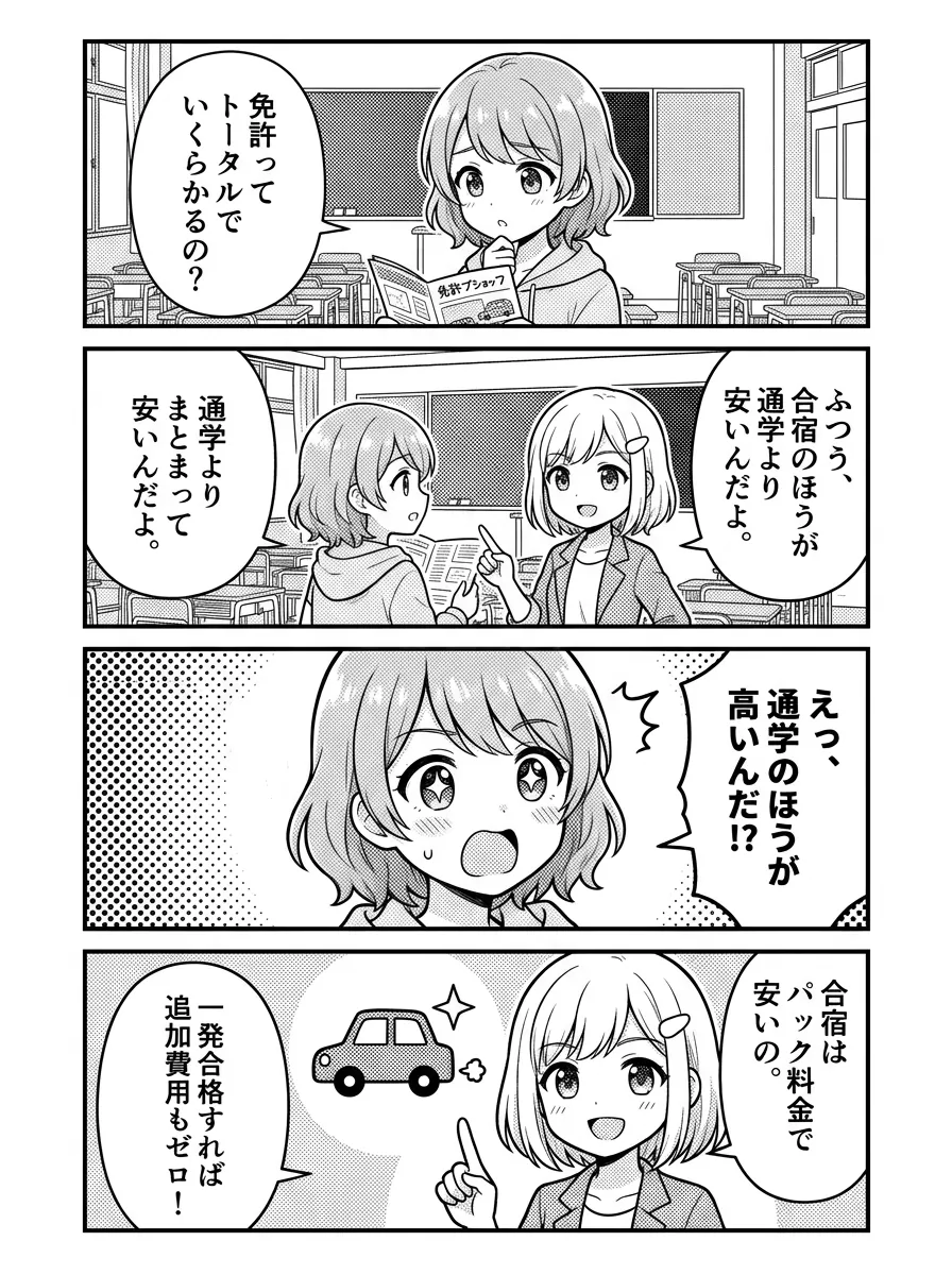 4コマ漫画 — ひかり「免許ってトータルでいくらかかるの?」 結衣「ふつう、合宿のほうが通学よりまとまって安いんだよ。」 ひかり「えっ、通学のほうが高いんだ!?」 結衣「合宿はパック料金で安いの。一発合格すれば追加費用もゼロ!」