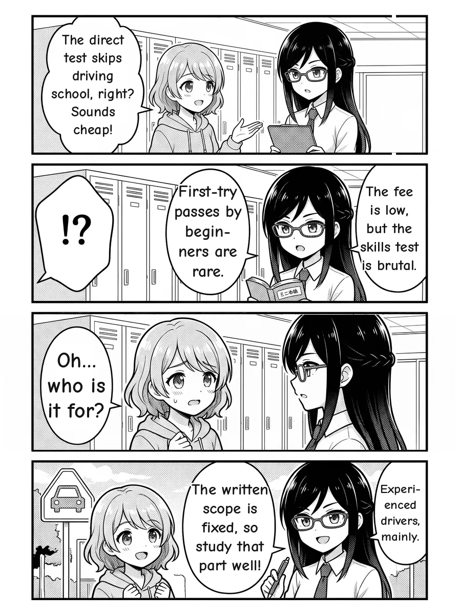 4-panel manga — Hikari: The direct test skips driving school, right? Sounds cheap! Misaki: The fee is low, but the skills test is brutal. First-try passes by beginners are rare. Hikari: Oh… who is it for? Misaki: Experienced drivers, mainly. The written scope is fixed, so study that part well!