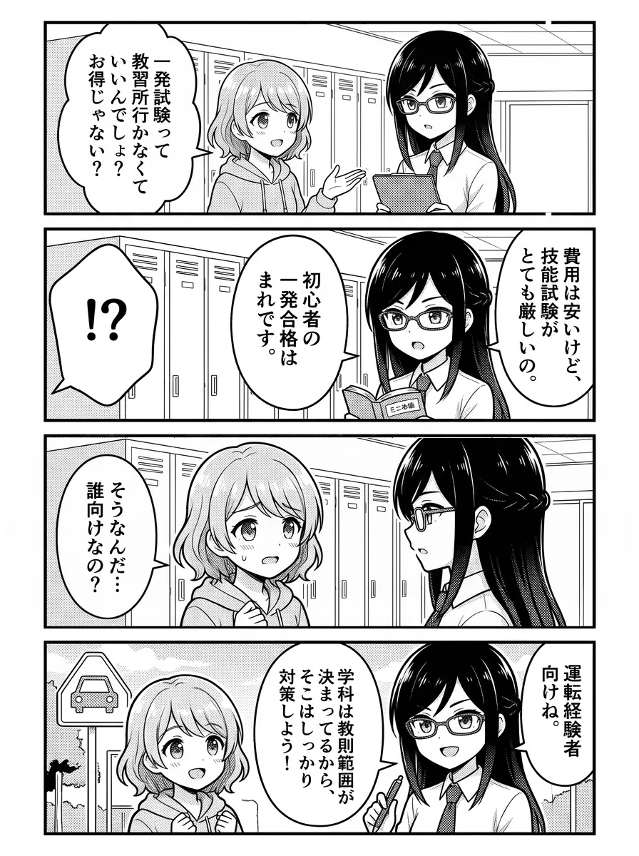 4コマ漫画 — ひかり「一発試験って教習所行かなくていいんでしょ?お得じゃない?」 美咲「費用は安いけど、技能試験がとても厳しいの。初心者の一発合格はまれです。」 ひかり「そうなんだ…誰向けなの?」 美咲「運転経験者向けね。学科は教則範囲が決まってるから、そこはしっかり対策しよう!」
