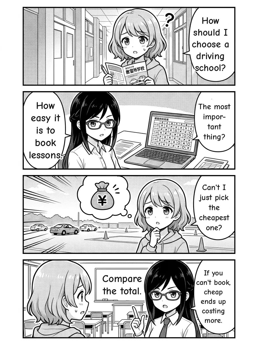 4-panel manga — Hikari: How should I choose a driving school? Misaki: The most important thing? How easy it is to book lessons. Hikari: Can't I just pick the cheapest one? Misaki: If you can't book, cheap ends up costing more. Compare the total.