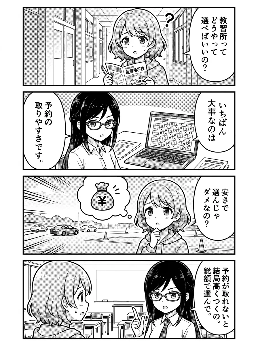 4コマ漫画 — ひかり「教習所ってどうやって選べばいいの?」 美咲「いちばん大事なのは予約の取りやすさです。」 ひかり「安さで選んじゃダメなの?」 美咲「予約が取れないと結局高くつくの。総額で選んで。」