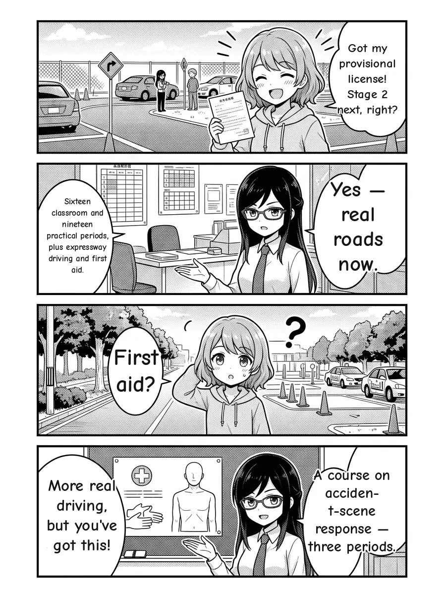 4-panel manga — Hikari: Got my provisional license! Stage 2 next, right? Misaki: Yes — real roads now. Sixteen classroom and nineteen practical periods, plus expressway driving and first aid. Hikari: First aid? Misaki: A course on accident-scene response — three periods. More real driving, but you've got this!