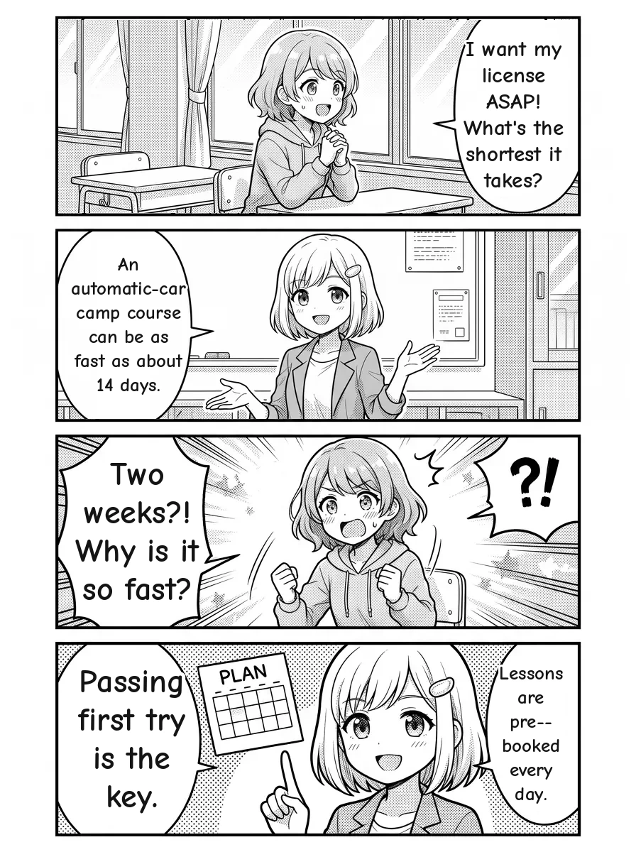 4-panel manga — Hikari: I want my license ASAP! What's the shortest it takes? Yui: An automatic-car camp course can be as fast as about 14 days. Hikari: Two weeks?! Why is it so fast? Yui: Lessons are pre-booked every day. Passing first try is the key.