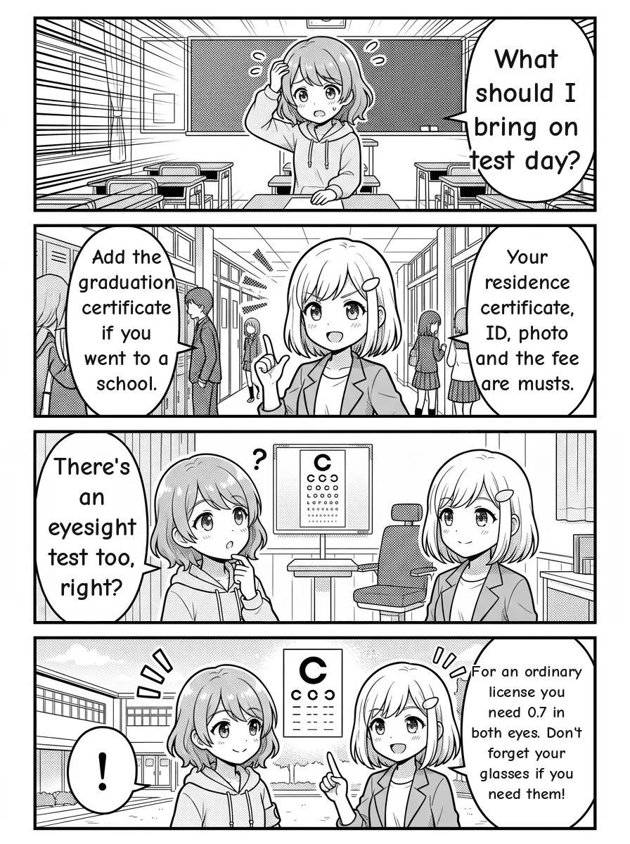 4-panel manga — Hikari: What should I bring on test day? Yui: Your residence certificate, ID, photo and the fee are musts. Add the graduation certificate if you went to a school. Hikari: There's an eyesight test too, right? Yui: For an ordinary license you need 0.7 in both eyes. Don't forget your glasses if you need them!