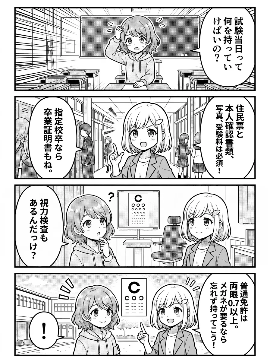 4コマ漫画 — ひかり「試験当日って何を持っていけばいいの?」 結衣「住民票と本人確認書類、写真、受験料は必須!指定校卒なら卒業証明書もね。」 ひかり「視力検査もあるんだっけ?」 結衣「普通免許は両眼0.7以上。メガネが要るなら忘れず持っていこう!」