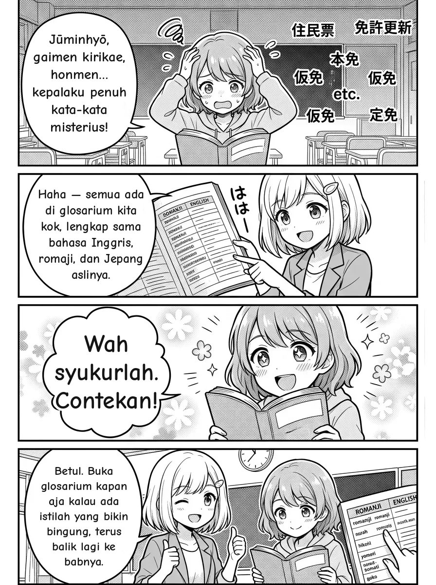 4-panel comic — Hikari: Jūminhyō, gaimen kirikae, honmen… kepalaku penuh kata-kata misterius! Yui: Haha — semuanya ada di glosarium kami, lengkap dengan bahasa Inggris, romaji, dan tulisan asli Jepang. Hikari: Oh syukurlah. Ada contekan! Yui: Tepat. Buka glosarium tiap kali ada istilah yang bikin bingung, lalu kembali ke babnya.