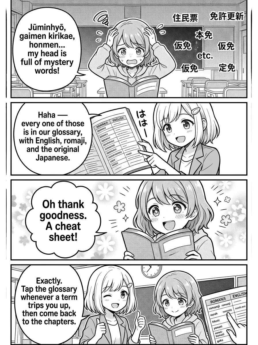 4-panel comic — Hikari: Jūminhyō, gaimen kirikae, honmen… my head is full of mystery words! Yui: Haha — every one of those is in our glossary, with English, romaji, and the original Japanese. Hikari: Oh thank goodness. A cheat sheet! Yui: Exactly. Tap the glossary whenever a term trips you up, then come back to the chapters.
