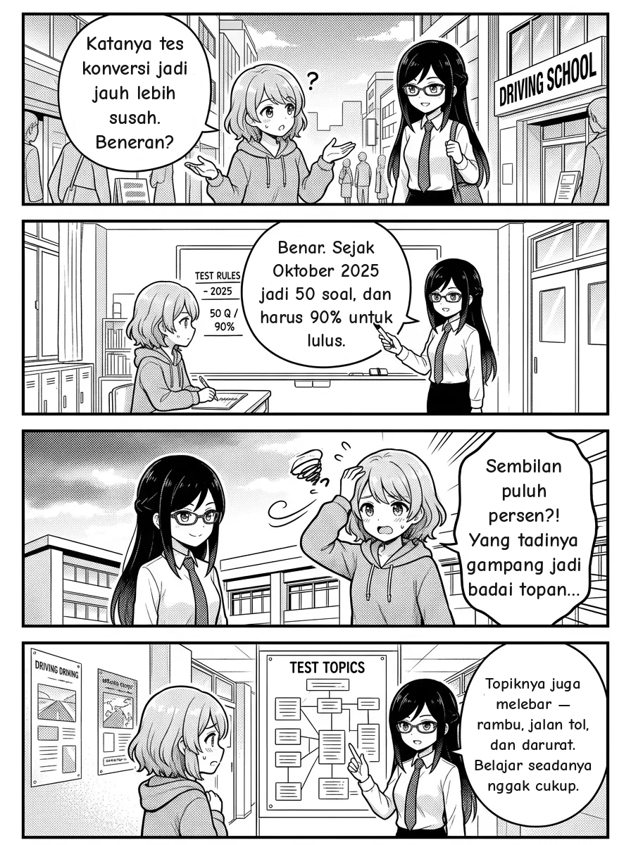 4-panel comic — Hikari: Aku dengar ujian konversi SIM jadi jauh lebih sulit belakangan ini — benar nggak? Misaki: Benar. Sejak Oktober 2025 berubah dari 10 soal bergambar (lulus 70%) menjadi 50 soal tertulis ○✕, dan sekarang butuh 90% — yaitu 45 dari 50. Hikari: 90%?! Berat banget. Ada yang berubah lagi? Misaki: jūminhyō-mu sekarang harus mencantumkan kewarganegaraan, status tinggal, dan masa tinggal. Dan cakupan soalnya lebih luas — rambu, jalan tol, keadaan darurat. Hikari: Jadi aku benar-benar nggak bisa asal-asalan lagi. Misaki: Tepat. Latihan rutin adalah cara yang andal untuk lulus — dan itulah gunanya tes simulasi 50 soal gratis ini.