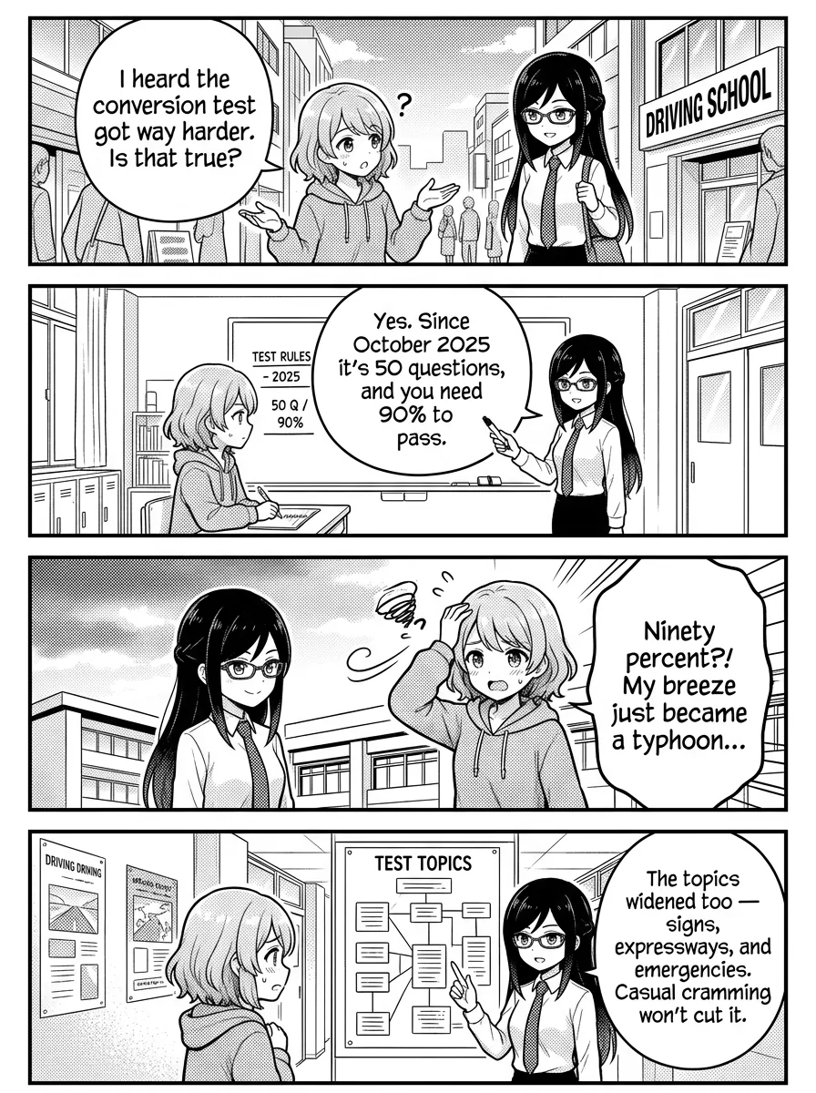 4-panel comic — Hikari: I heard the license-conversion test got way harder recently — is that true? Misaki: Yes. Since October 2025 it went from 10 illustrated questions (70% to pass) to 50 written ○✕ questions, and you now need 90% — that's 45 out of 50. Hikari: 90%?! That's brutal. Did anything else change? Misaki: Your jūminhyō now has to show nationality, residence status, and period of stay. And the questions cover more ground — signs, expressways, emergencies. Hikari: So I really can't just wing it anymore. Misaki: Correct. Steady practice is the reliable way through — which is exactly what the free 50-question mock test is for.