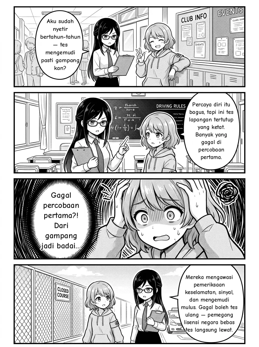 4-panel comic — Hikari: Aku udah nyetir bertahun-tahun di kampung halaman — ujian nyetirnya gampang, kan? Kan…? Misaki: Percaya diri itu bagus, tapi ujian praktik konversi dilakukan di sirkuit tertutup dengan penilaian ketat — banyak orang tidak lulus di percobaan pertama. Hikari: Gagal di percobaan pertama?! Wah, anginku langsung berubah jadi topan. 🌀 Misaki: Jangan panik. Yang terutama dinilai adalah pengecekan keselamatan, timing spion dan lampu sein, serta mengemudi yang halus dan mantap — kebiasaan, bukan atraksi. Hikari: Jadi yang menang itu pelan dan rajin pamer lihat spion? Misaki: Pada dasarnya iya. Dan kalau gagal, kamu bisa mengulang — pemegang SIM dari negara bebas tes melewatinya sepenuhnya.