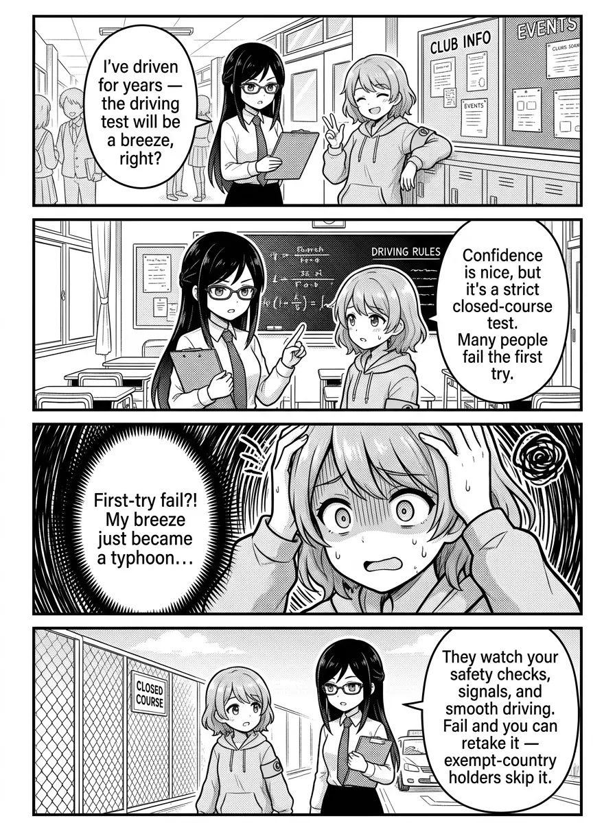 4-panel comic — Hikari: I've driven for years back home — the driving test'll be a breeze, right? Right…? Misaki: Confidence is good, but the conversion practical is on a closed course with strict checks — many people don't pass on the first try. Hikari: First-try fail?! Okay, my breeze just became a typhoon. 🌀 Misaki: Don't panic. They mainly watch your safety checks, mirror and signal timing, and smooth, deliberate driving — habits, not stunts. Hikari: So slow and showy-with-the-mirrors wins? Misaki: Essentially yes. And if you fail, you can retake it — exempt-country holders skip it entirely.