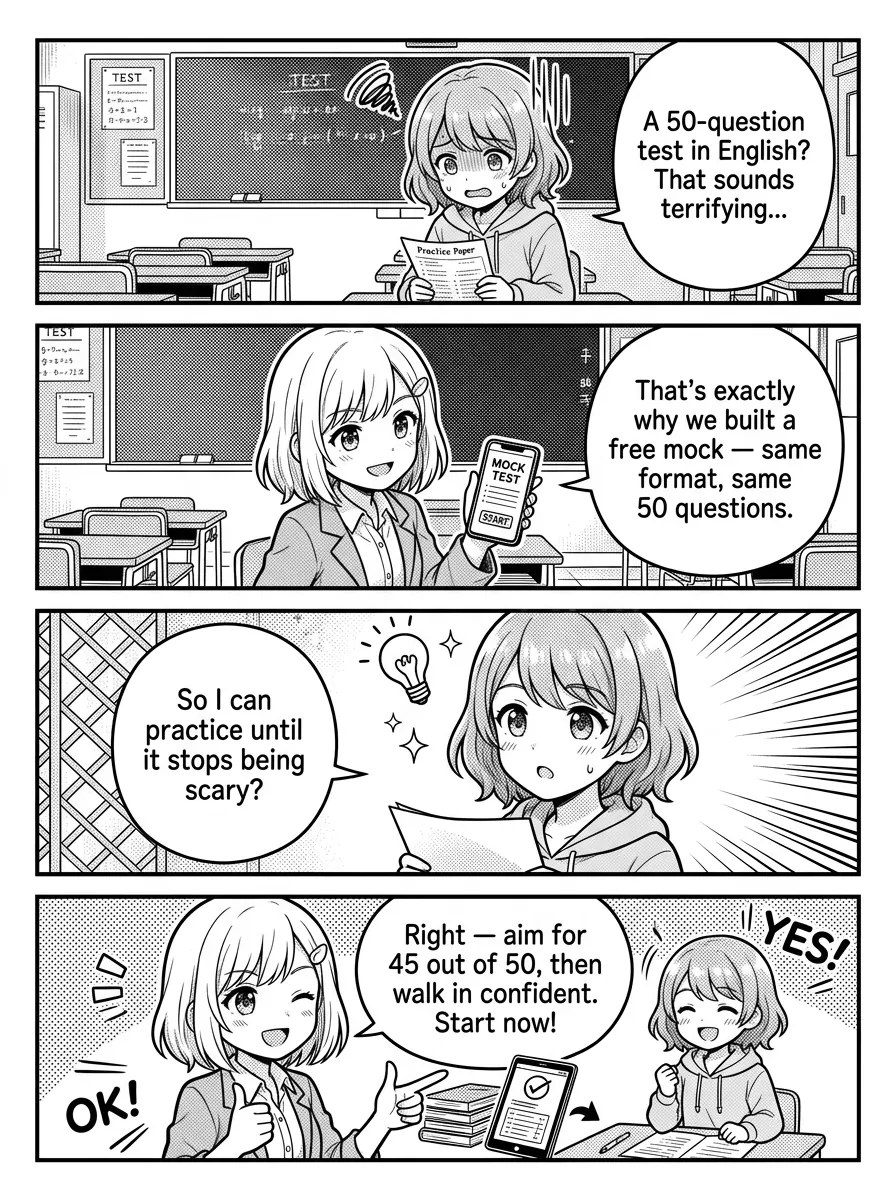 4-panel comic — Hikari: A 50-question test in English? That sounds terrifying. Yui: That's exactly why we built a free mock — same format, same 50 questions. Hikari: So I can practice until it stops being scary? Yui: Right — aim for 45 out of 50, then walk in confident. Start now!