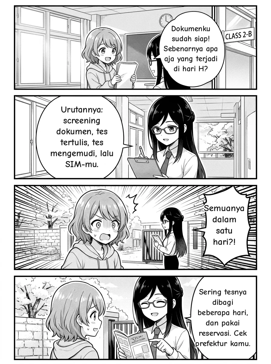 4-panel comic โ Hikari: Oke, dokumenku sudah siap โ apa yang sebenarnya terjadi saat aku tiba di pusat SIM? Misaki: Empat tahap, berurutan: pemeriksaan dokumen, lalu ujian tertulis 50 soal, lalu ujian praktik mengemudi, dan terakhir kamu menerima SIM-mu. Hikari: Semuanya dalam satu hari? Misaki: Sering kali pemeriksaan dan ujian tertulis jadi satu kunjungan, sedangkan ujian praktik dijadwalkan di hari lain โ tergantung prefektur, jadi selalu datang sesuai janji temu. Hikari: Lega tahu aku nggak perlu dadakan di tempat. Misaki: Tepat. Mengetahui urutannya membuatmu tenang โ dan ujian tertulis adalah bagian yang bisa kamu persiapkan sepenuhnya jauh-jauh hari.
