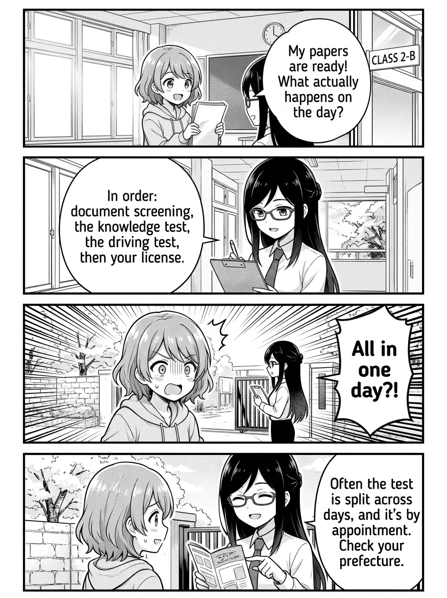 4-panel comic — Hikari: Okay, my documents are ready — what actually happens when I show up at the license center? Misaki: Four things, in order: document screening, then the 50-question knowledge test, then the practical driving test, and finally you receive your license. Hikari: All in one day? Misaki: Often the screening and knowledge test are one visit, and the practical test is booked for another day — it varies by prefecture, so always go by appointment. Hikari: Good to know I won't be improvising on the spot. Misaki: Exactly. Knowing the order keeps you calm — and the knowledge test is the part you can fully prepare for in advance.