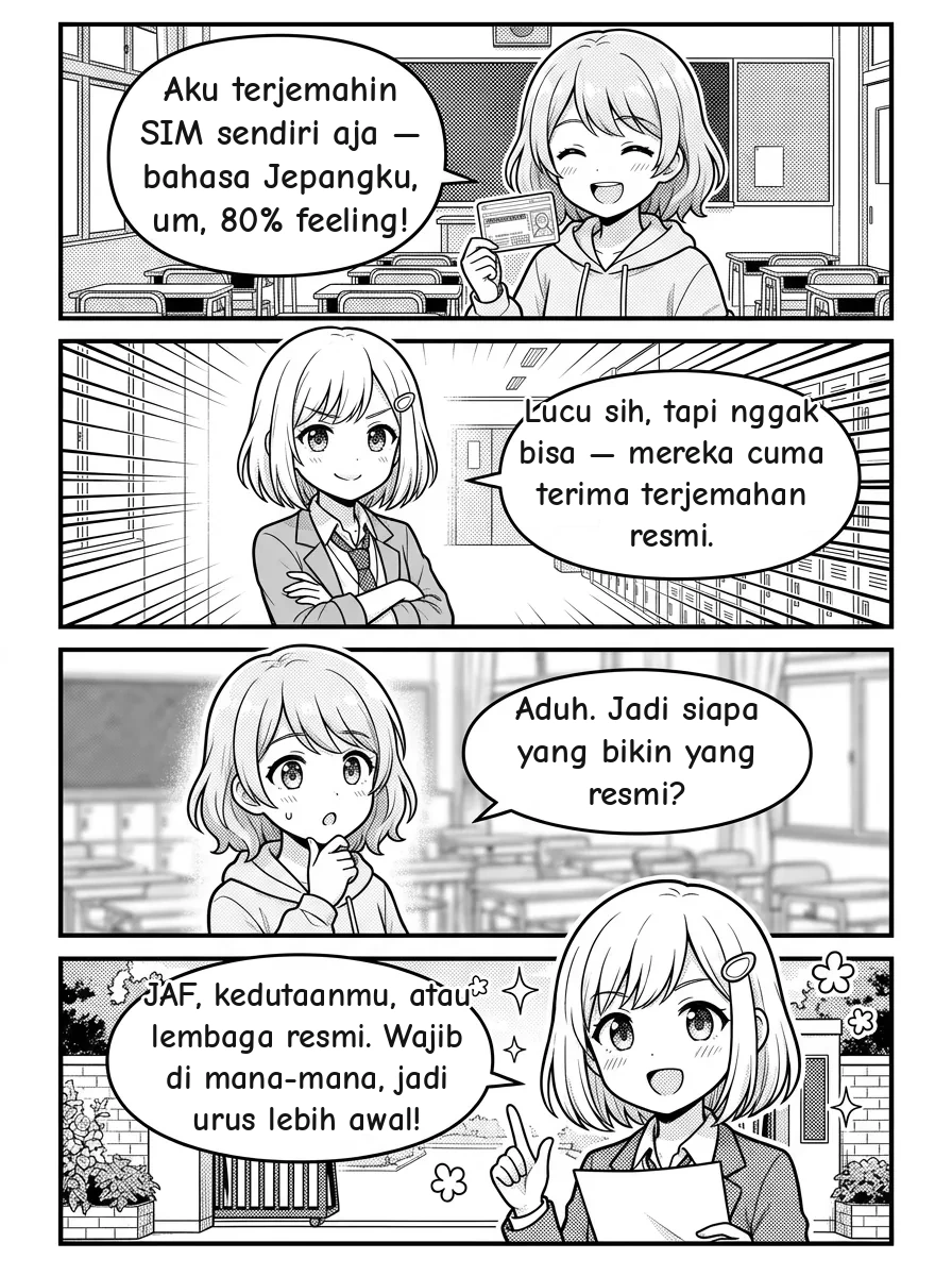 4-panel comic — Hikari: Aku terjemahin SIM-ku sendiri aja deh — bahasa Jepangku, hmm, 80% feeling! Yui: Lucu sih, tapi nggak bisa — harus terjemahan resmi. Buatan sendiri tidak akan diterima. Hikari: Yah. Lalu siapa yang membuat yang resmi? Yui: JAF (Japan Automobile Federation), kedutaan atau konsulatmu, atau lembaga yang berwenang. Ini wajib di semua prefektur. Hikari: Paham — urusan terjemahan serahkan ke ahlinya. Yui: Tepat! Urus ini lebih awal; bisa makan waktu beberapa hari sampai jadi ✨