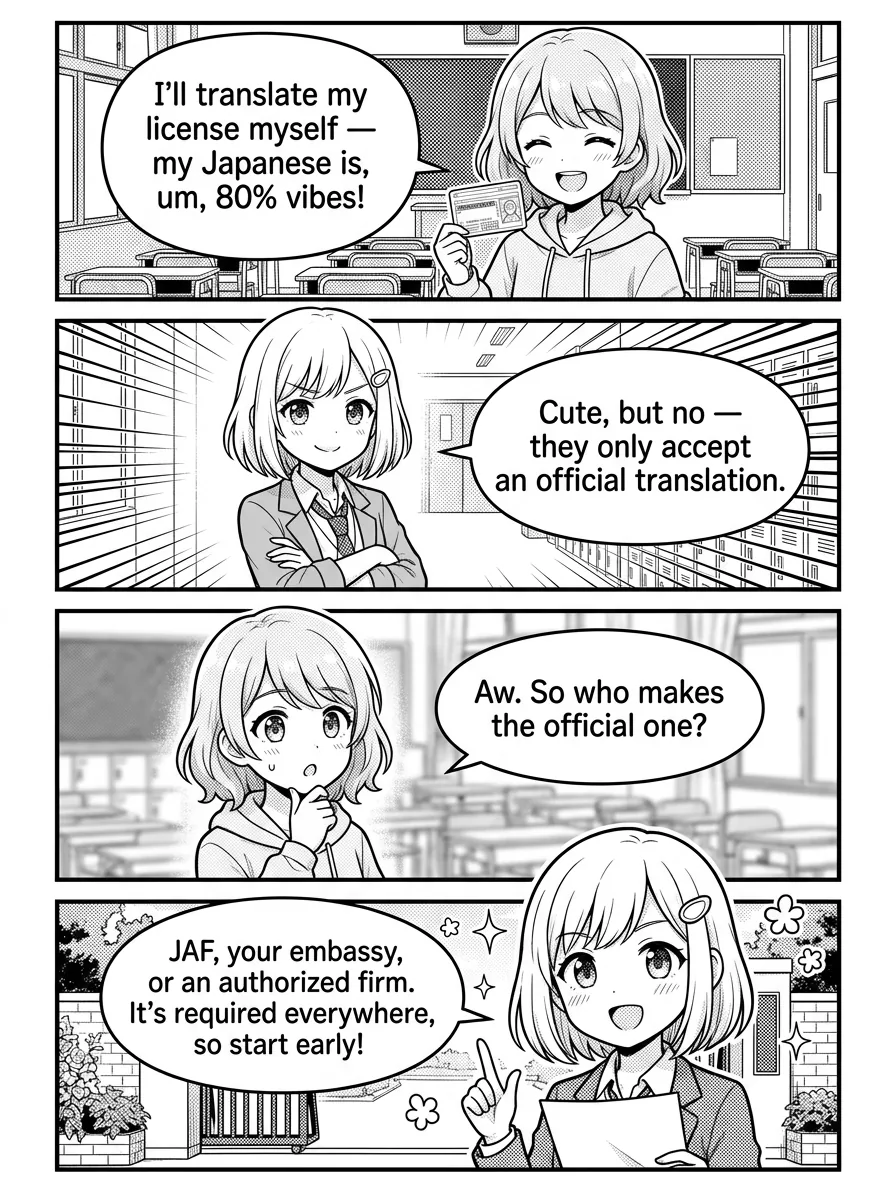 4-panel comic — Hikari: I'll just translate my license myself — my Japanese is, um, 80% vibes! Yui: Cute, but no — it has to be an official translation. They won't accept a DIY one. Hikari: Aw. So who makes the official one? Yui: JAF (the Japan Automobile Federation), your embassy or consulate, or an authorized firm. It's required in every prefecture. Hikari: Got it — leave the translating to the pros. Yui: Exactly! Sort this out early; it can take a few days to get back ✨